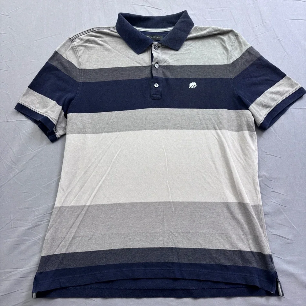 Banana Republic Men XL Polo Shirt Blue Grey Striped Elephant Logo Short Sleeve